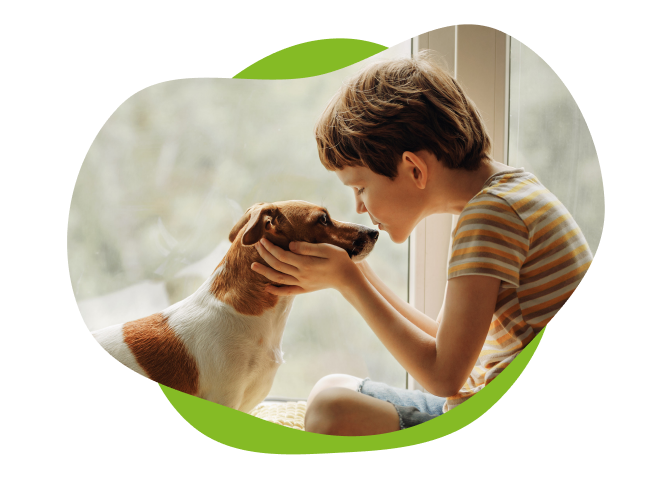 Niño acariciando su mascota, un perro café con blanco